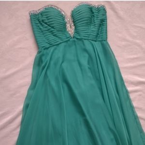 La Femme Bejeweled crystals sweetheart corset strapless flowy maxi Gown